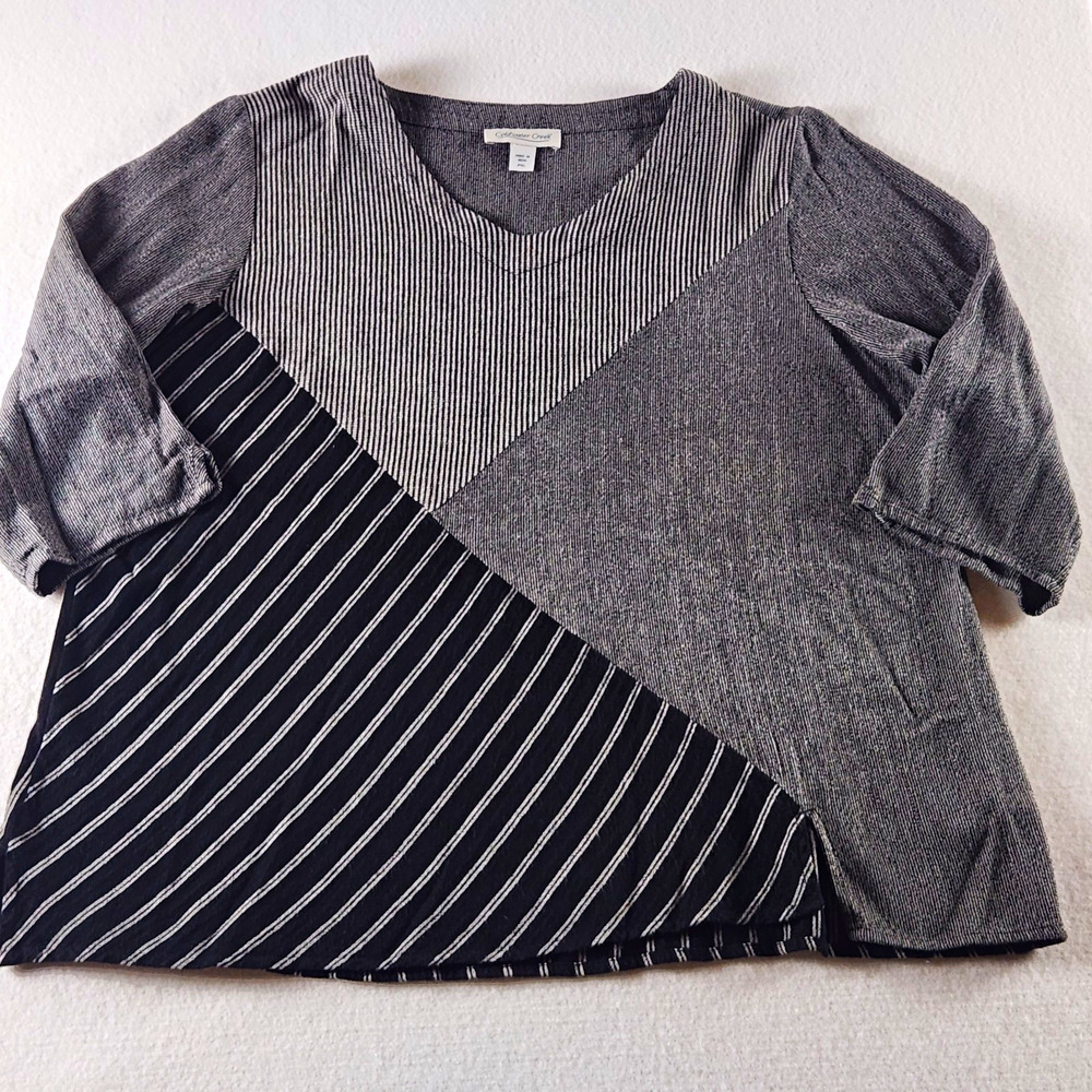 Coldwater Creek Petite PXL Tan Black Colorblock Striped V-Neck 3/4 Knit Top